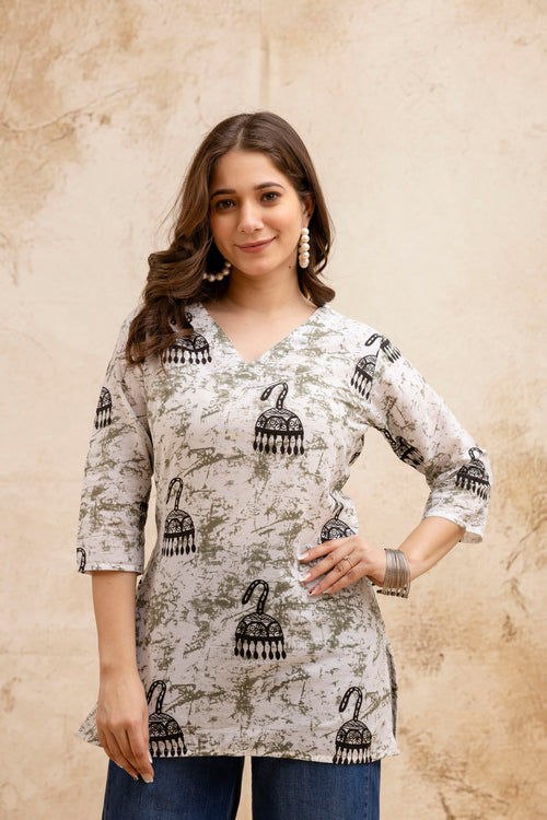 Cream & Black Jhumka Print Pure Cotton Short Kurti