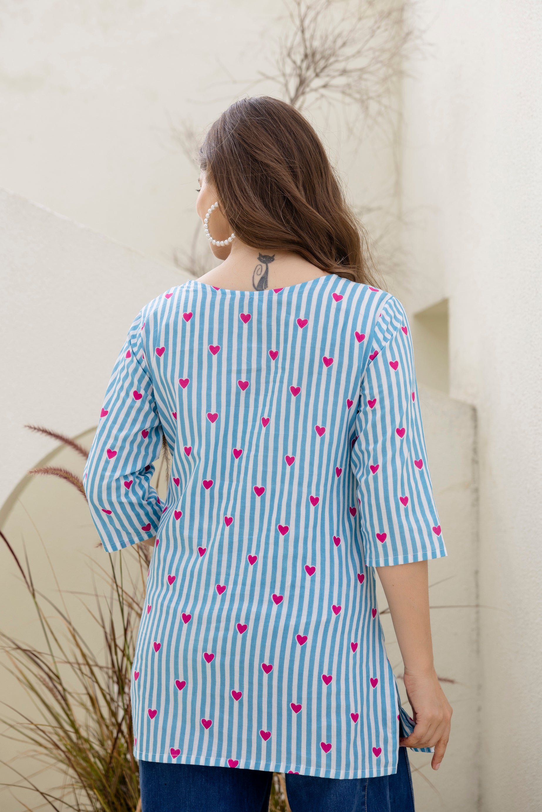 Heart Printed Blue & White Pure Cotton Short Kurti.