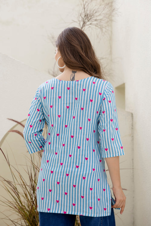 Heart Printed Blue & White Pure Cotton Short Kurti.