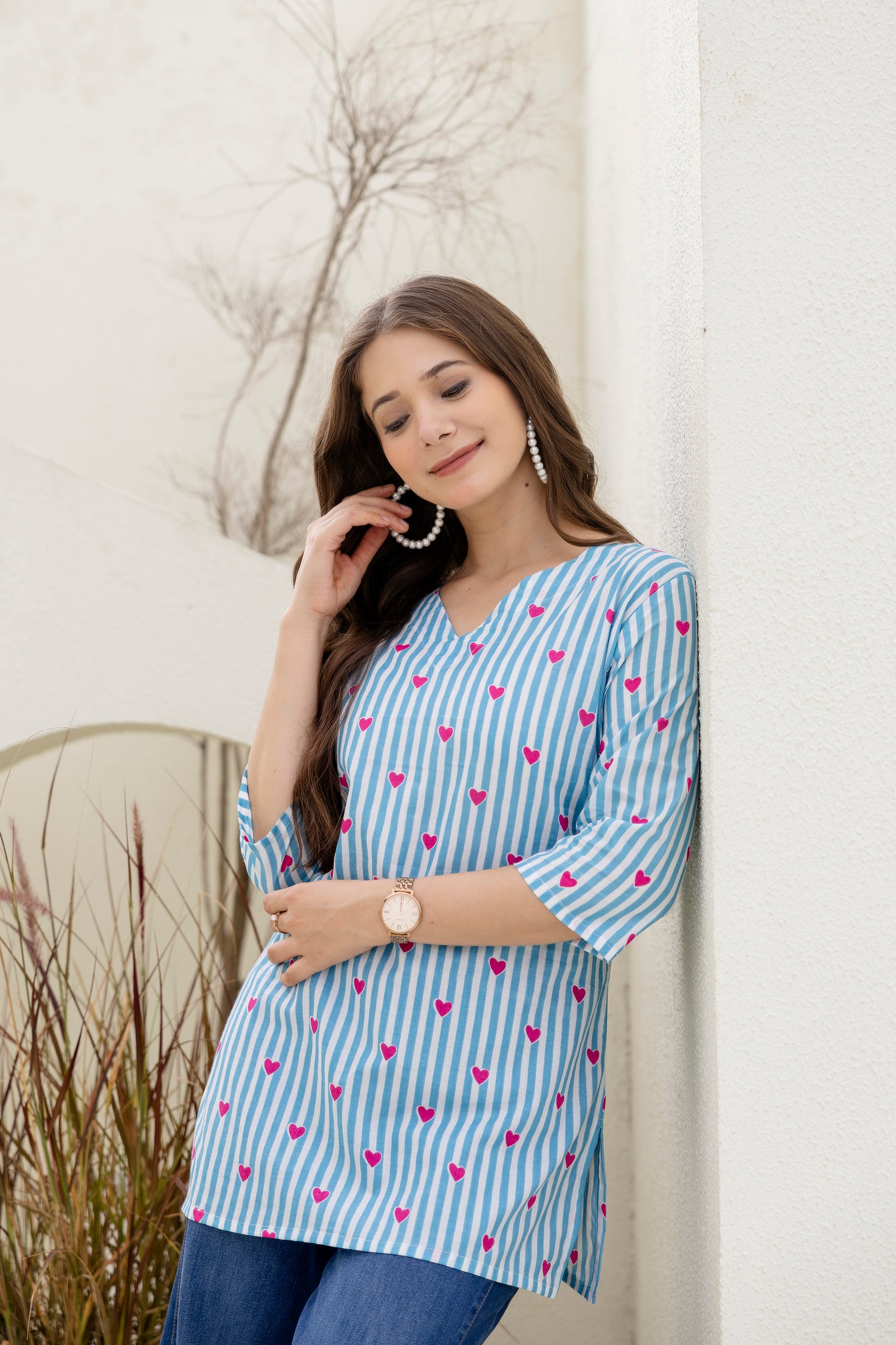 Heart Printed Blue & White Pure Cotton Short Kurti.
