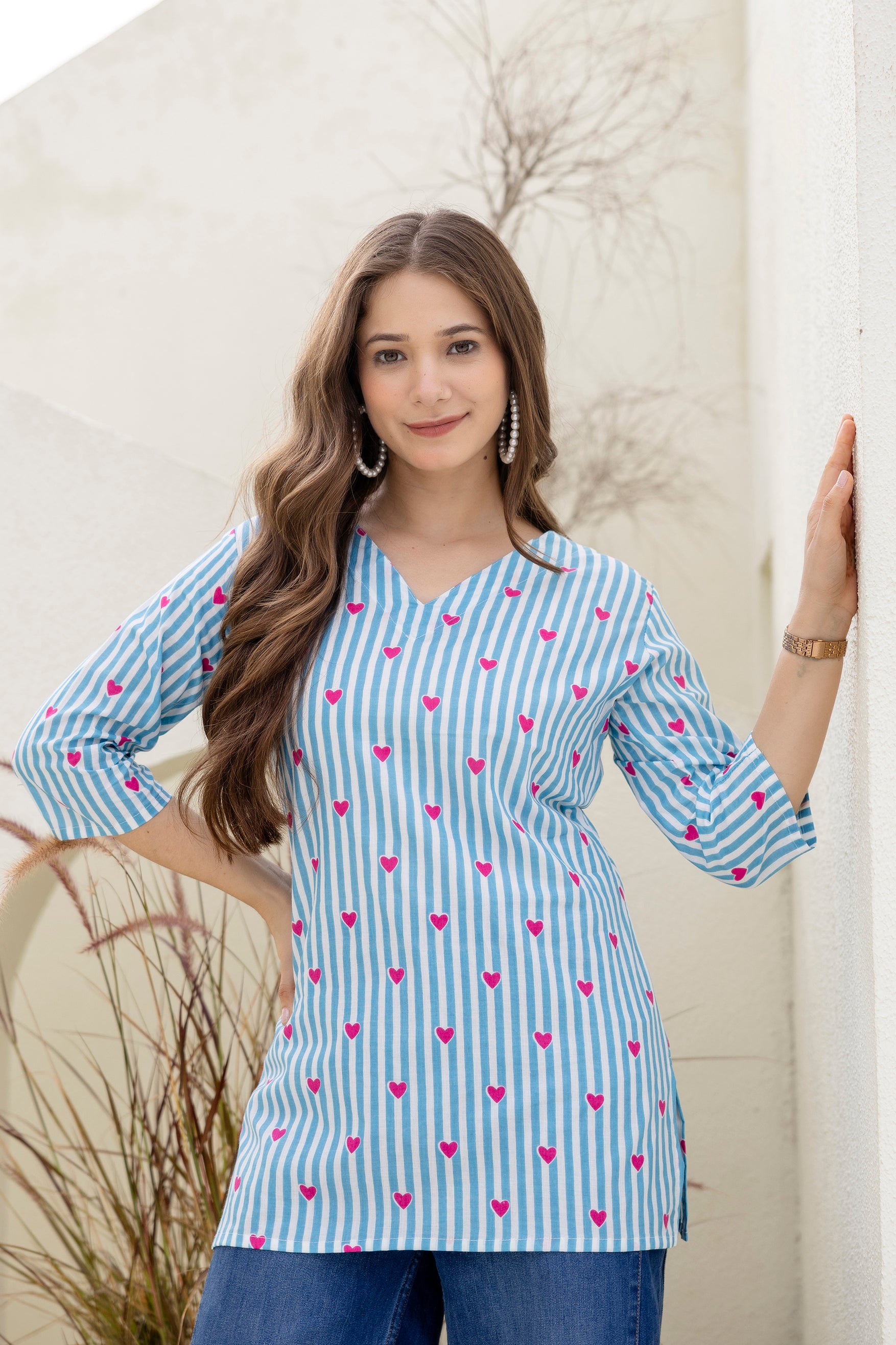 Heart Printed Blue & White Pure Cotton Short Kurti.