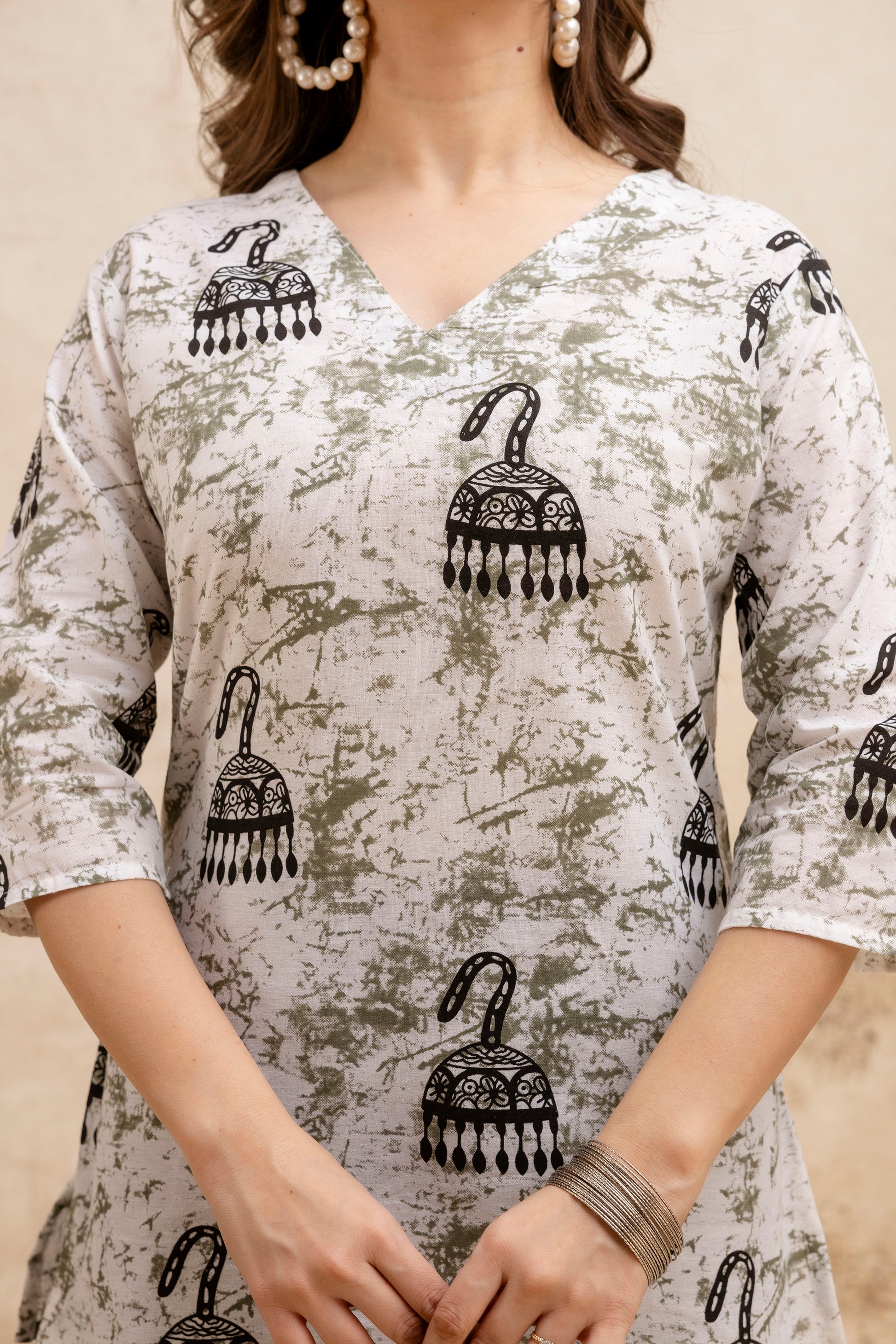Cream & Black Jhumka Print Pure Cotton Short Kurti