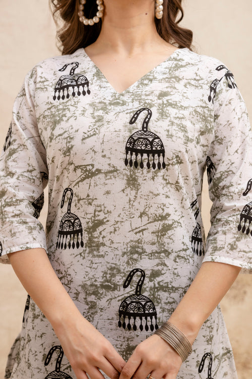Cream & Black Jhumka Print Pure Cotton Short Kurti