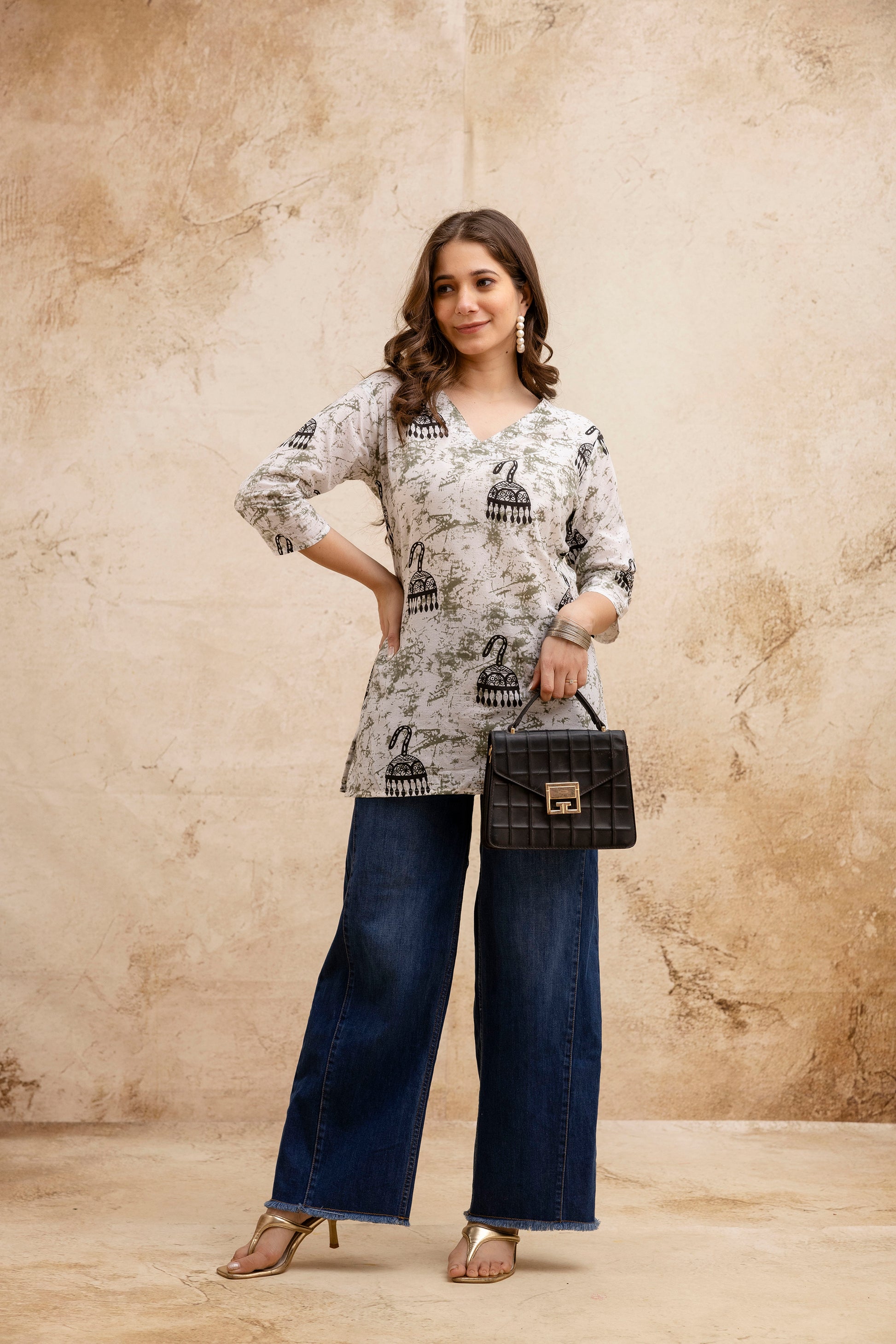 Cream & Black Jhumka Print Pure Cotton Short Kurti
