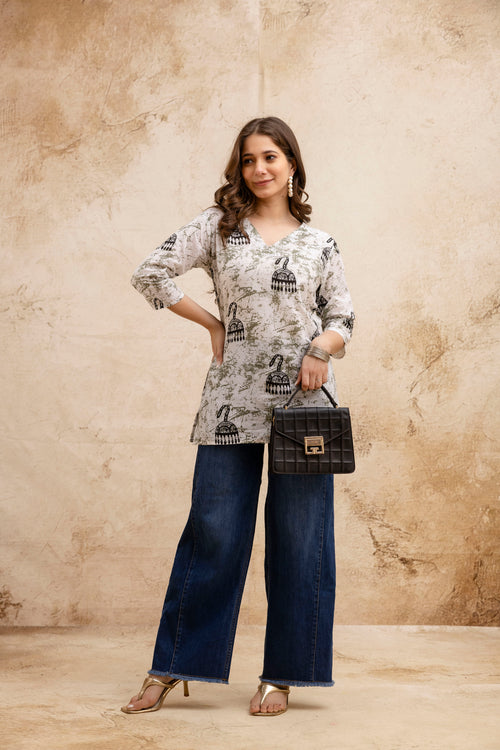 Cream & Black Jhumka Print Pure Cotton Short Kurti