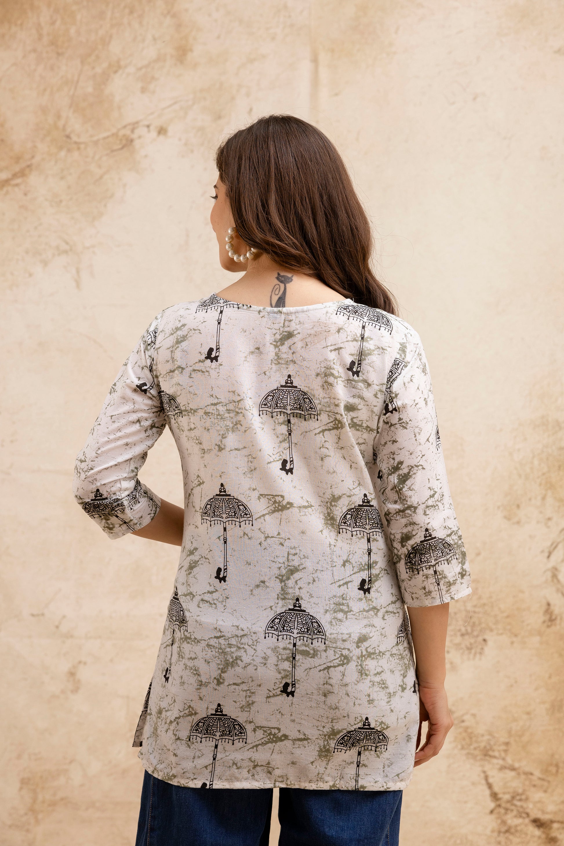 Beige Umbrella Print Pure Cotton Short Kurti.