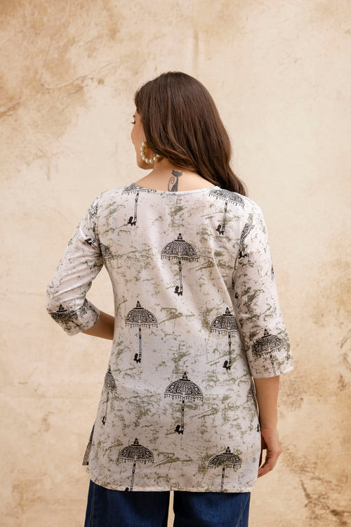 Beige Umbrella Print Pure Cotton Short Kurti.