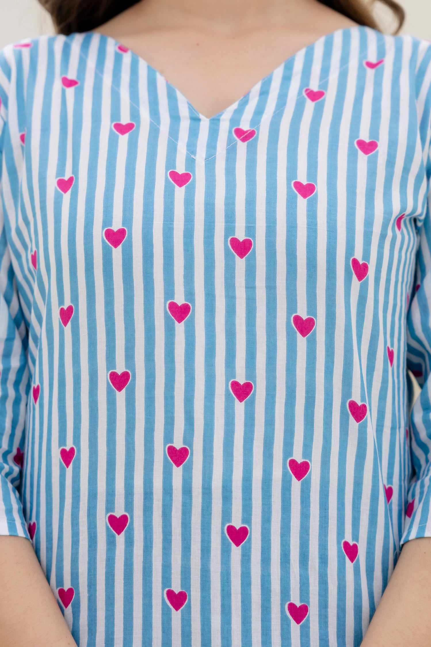 Heart Printed Blue & White Pure Cotton Short Kurti.