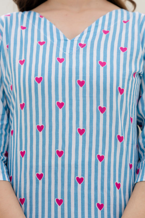 Heart Printed Blue & White Pure Cotton Short Kurti.