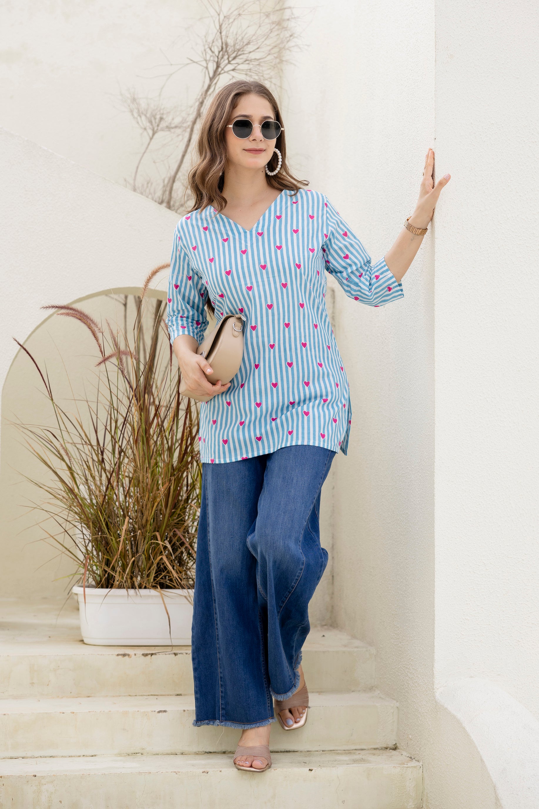 Heart Printed Blue & White Pure Cotton Short Kurti.