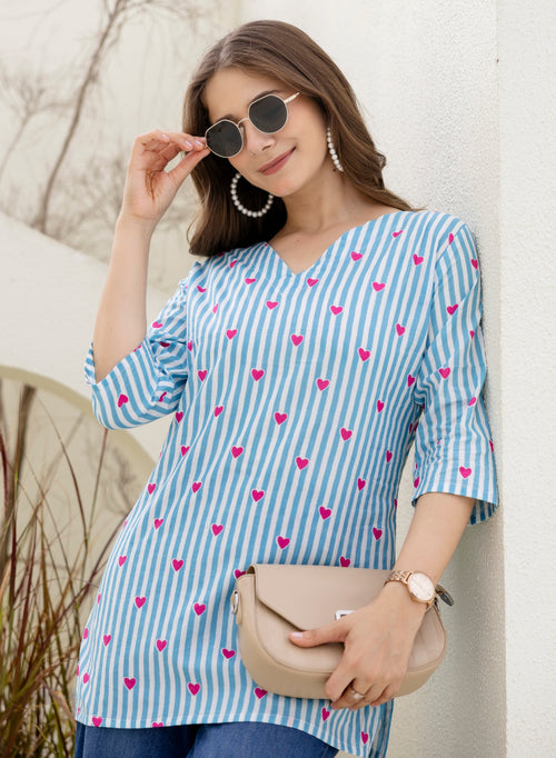 Heart Printed Blue & White Pure Cotton Short Kurti.