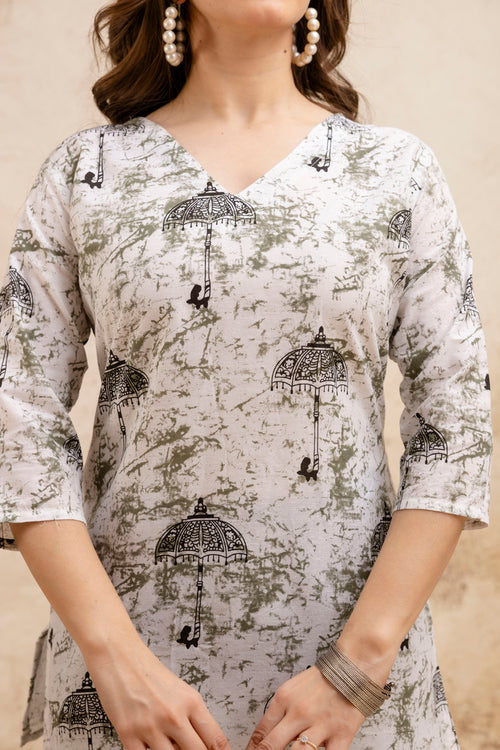 Beige Umbrella Print Pure Cotton Short Kurti.