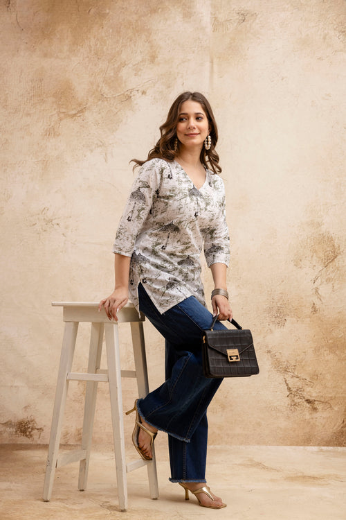 Beige Umbrella Print Pure Cotton Short Kurti.