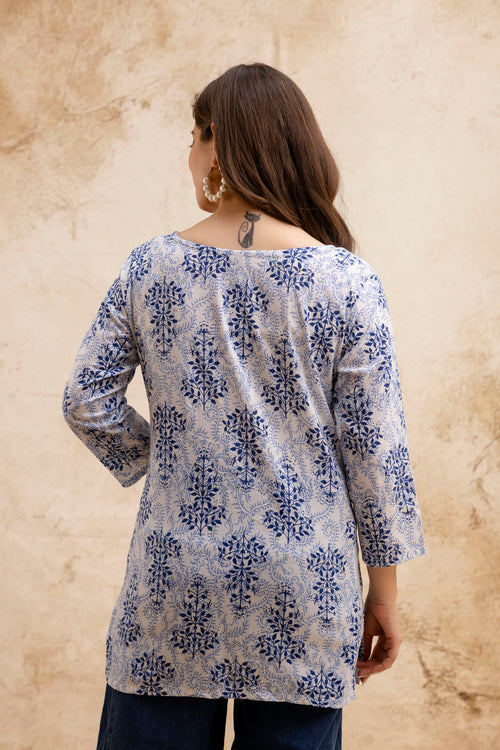 Blue & White Floral Print Pure Cotton Short Kurti,