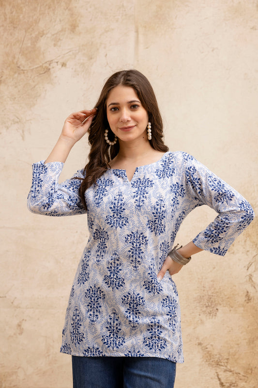 Blue & White Floral Print Pure Cotton Short Kurti,