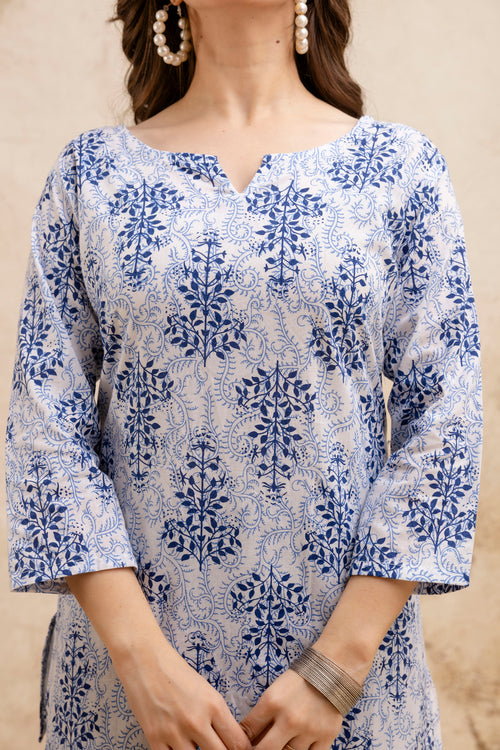 Blue & White Floral Print Pure Cotton Short Kurti,