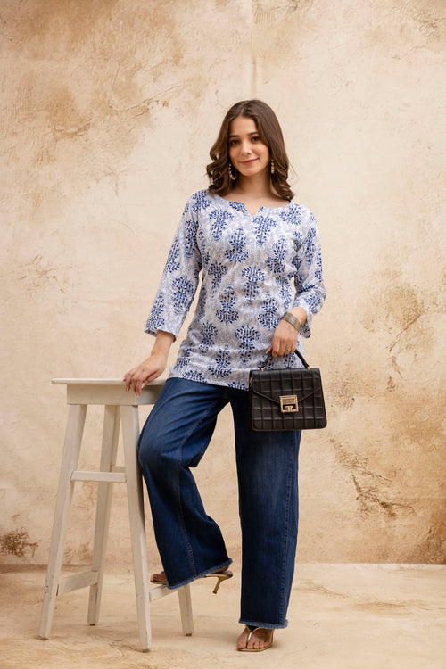 Blue & White Floral Print Pure Cotton Short Kurti,