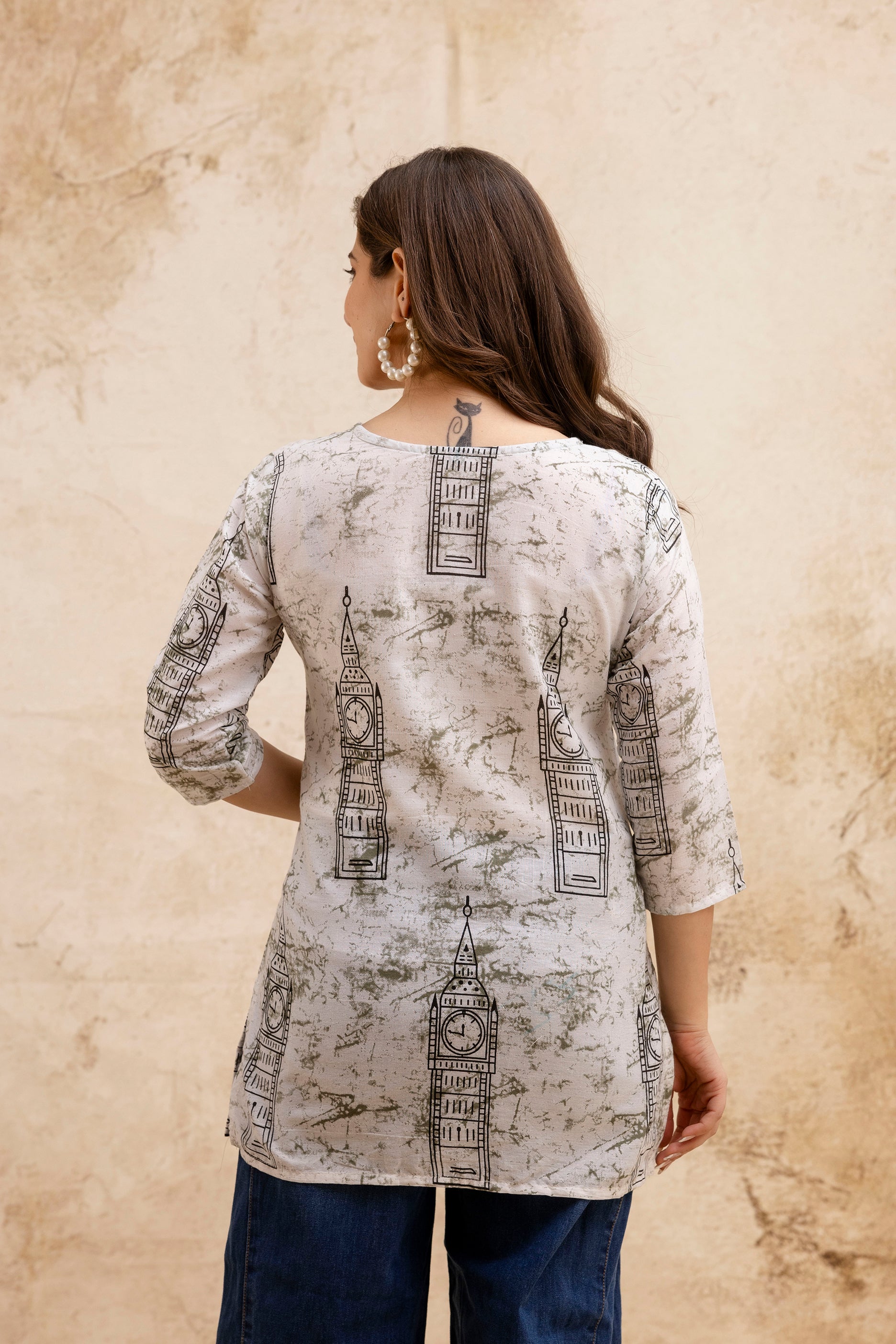 Beige & White Monument Print Pure Cotton Short Kurti.