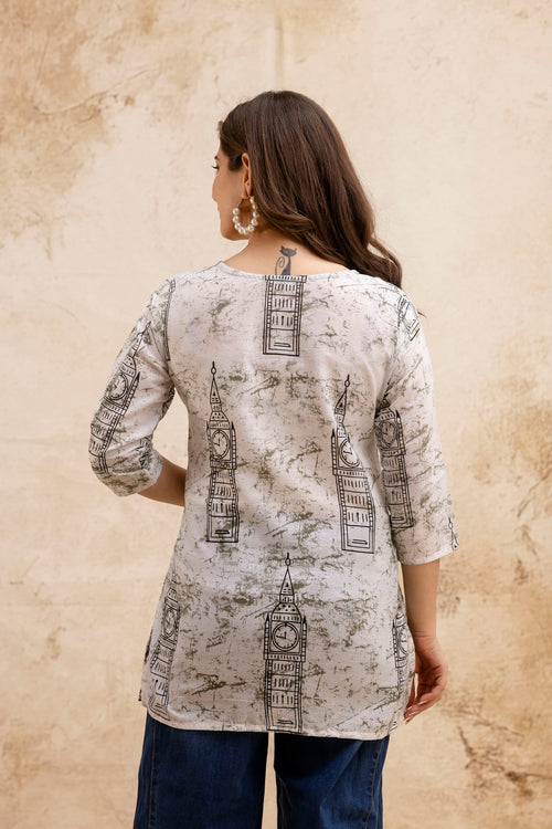 Beige & White Monument Print Pure Cotton Short Kurti.