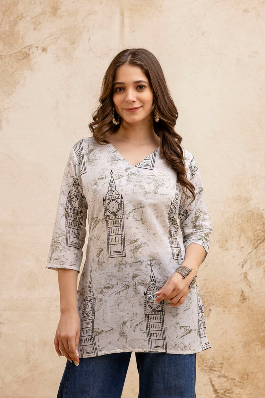 Beige & White Monument Print Pure Cotton Short Kurti.