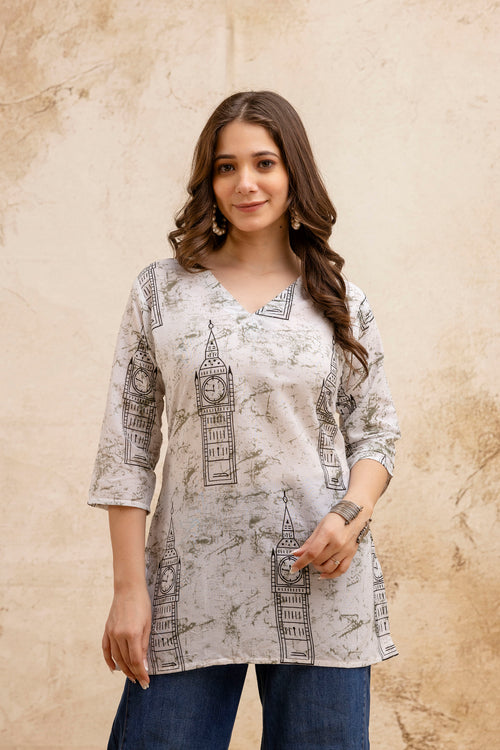 Beige & White Monument Print Pure Cotton Short Kurti.