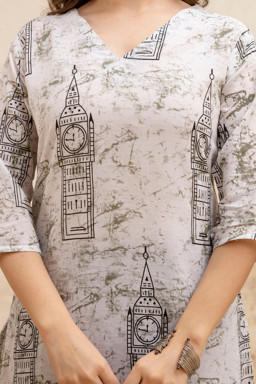Beige & White Monument Print Pure Cotton Short Kurti.