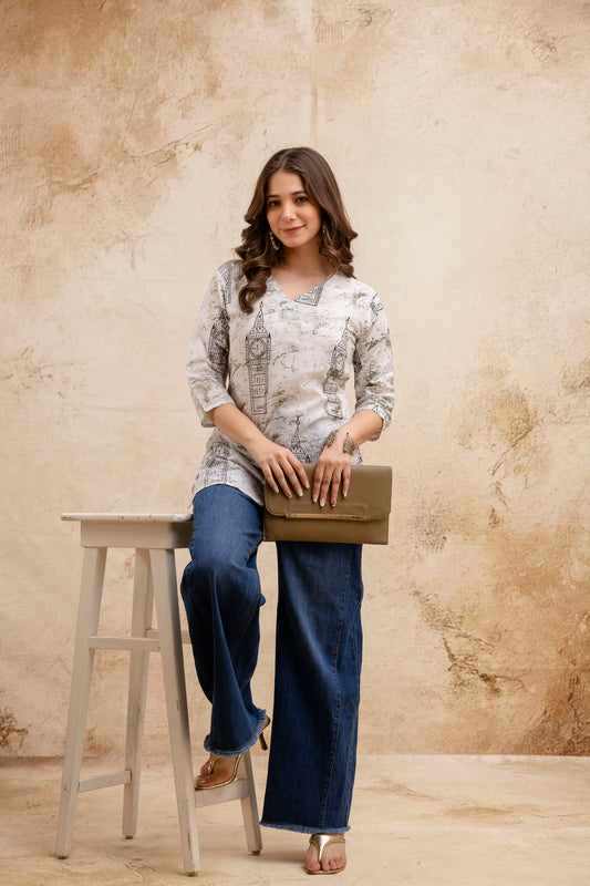 Beige & White Monument Print Pure Cotton Short Kurti.