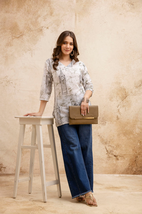 Beige & White Monument Print Pure Cotton Short Kurti.