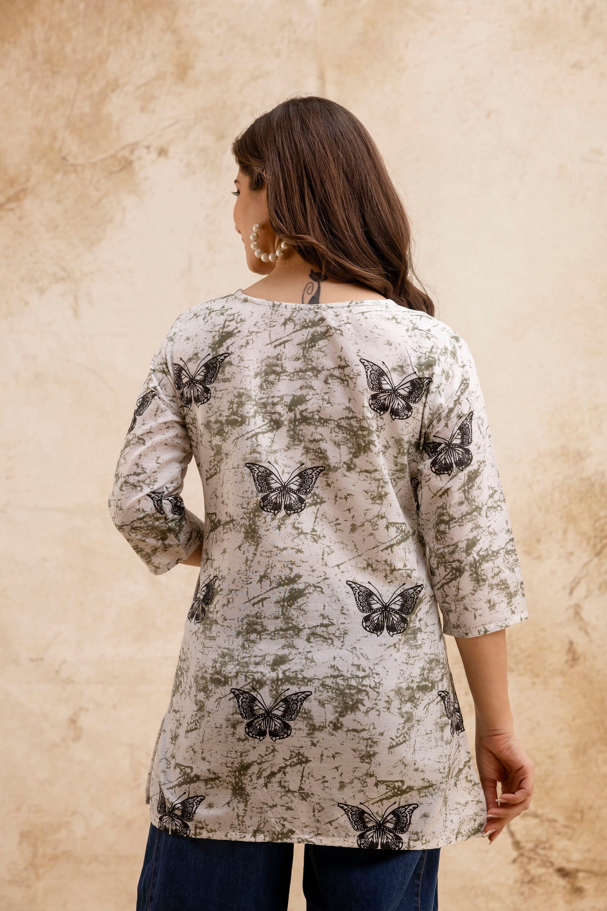 Beige & White Butterfly Print Pure Cotton Short Kurti.