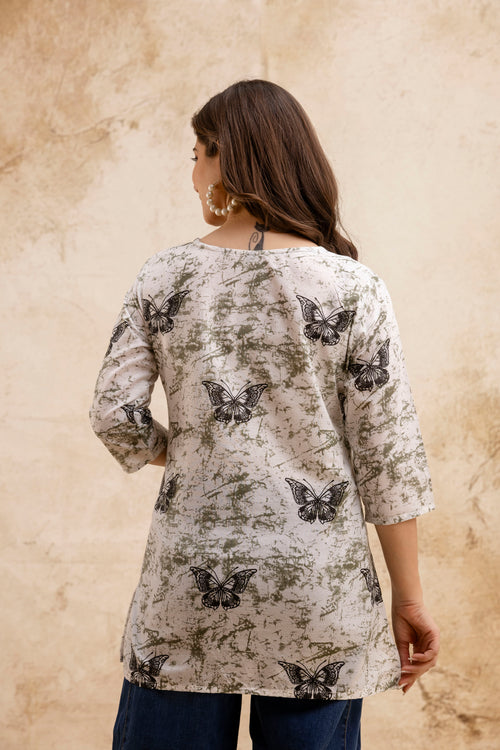 Beige & White Butterfly Print Pure Cotton Short Kurti.