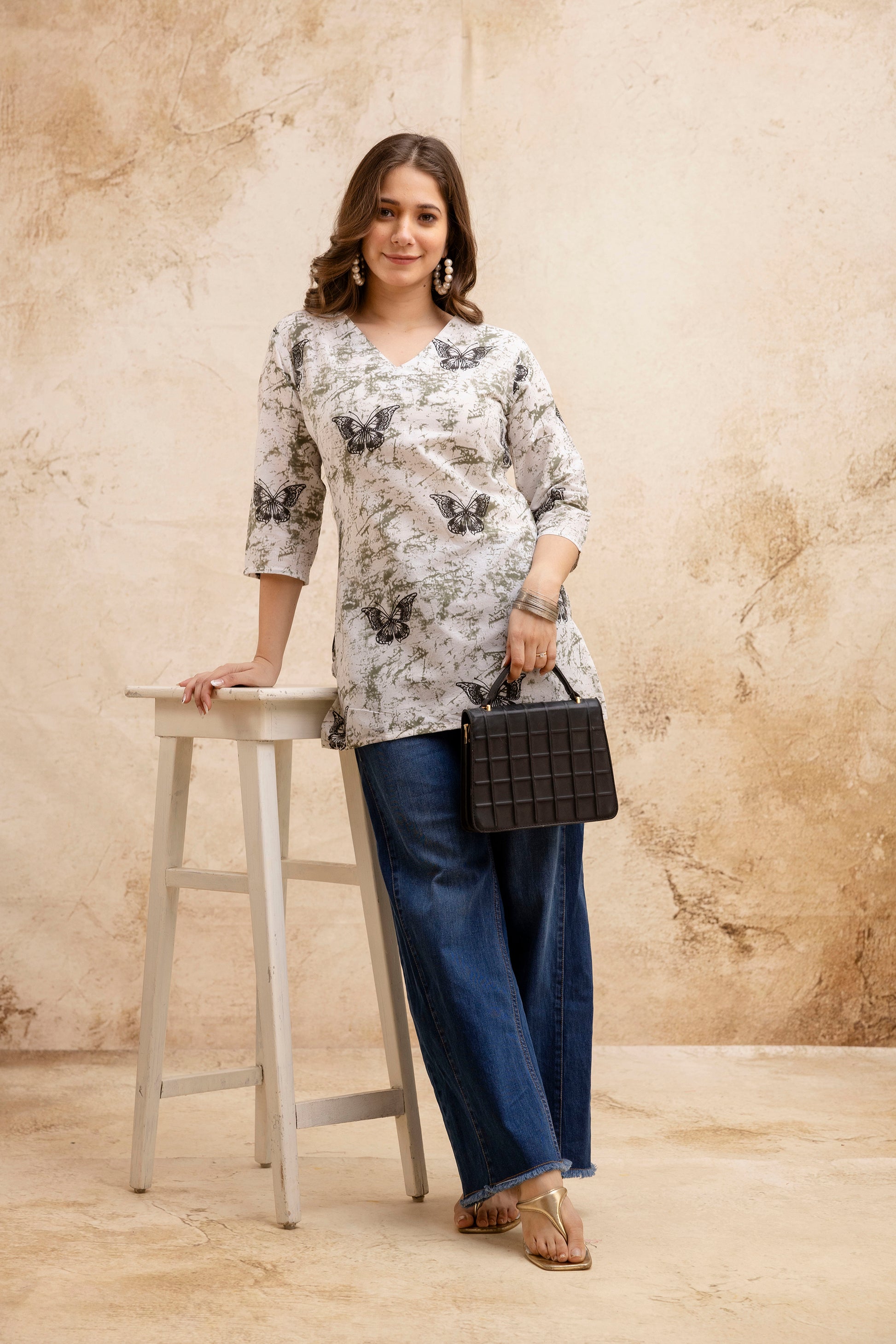 Beige & White Butterfly Print Pure Cotton Short Kurti.