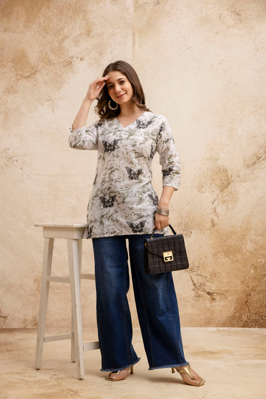 Beige & White Butterfly Print Pure Cotton Short Kurti.