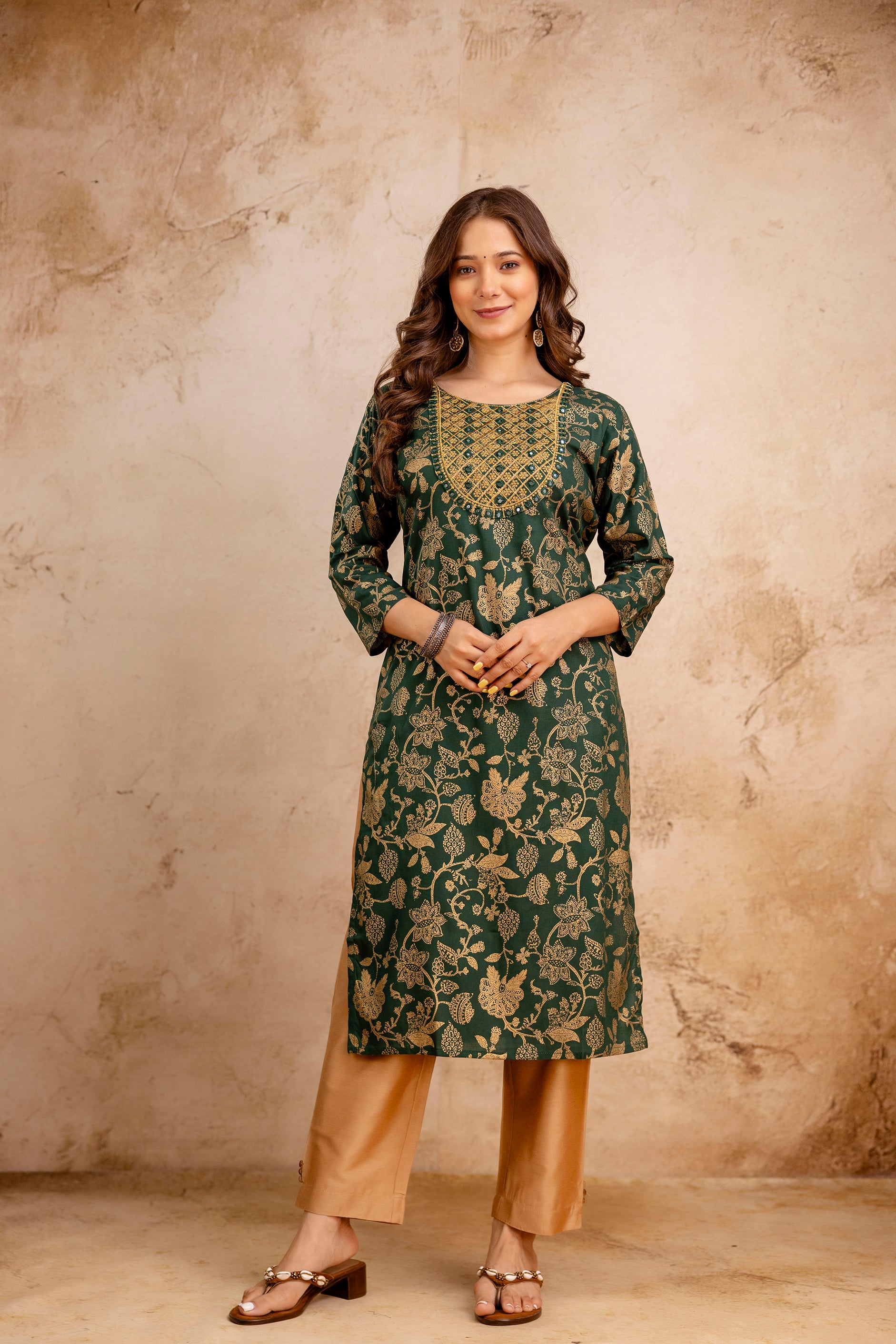 Green Jaal Printed Embroidered Kurta.