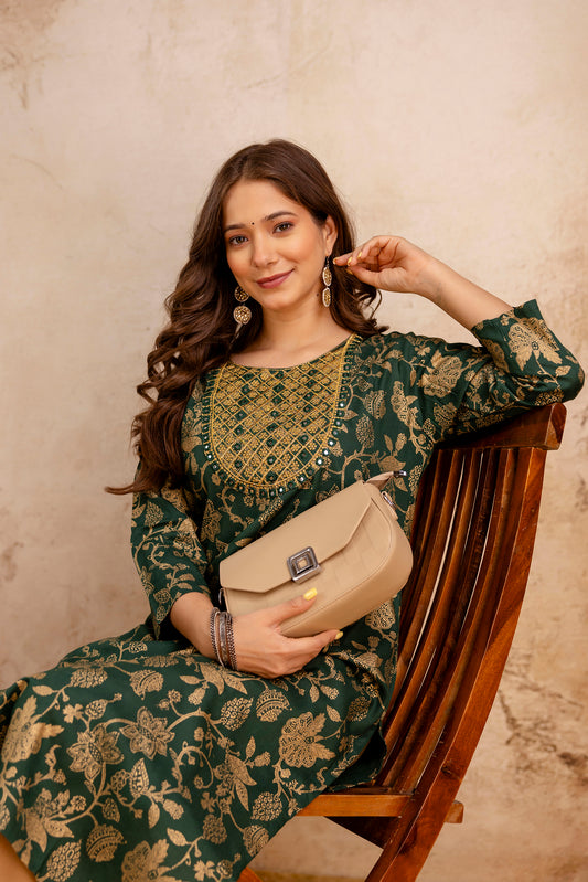 Green Jaal Printed Embroidered Kurta.
