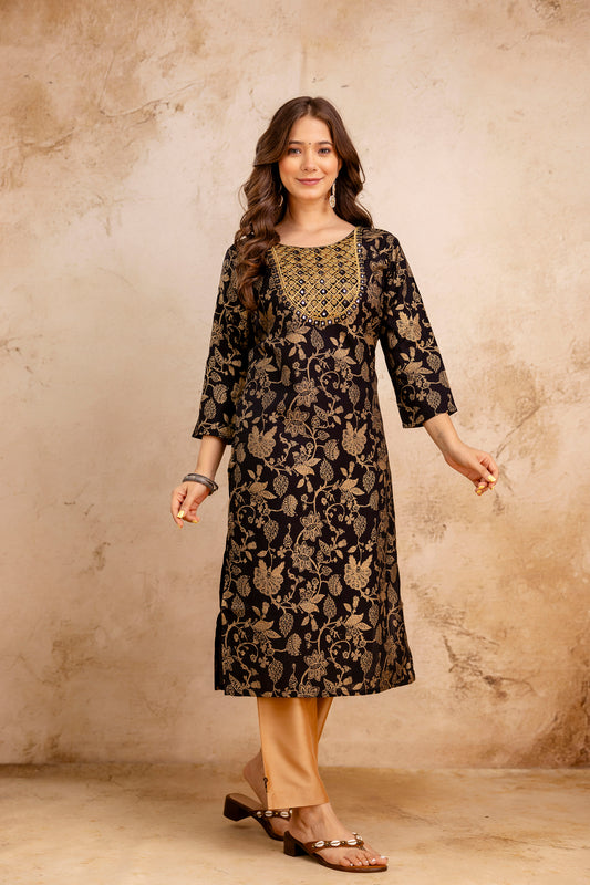 Black Jaal Printed Embroidered Kurta.