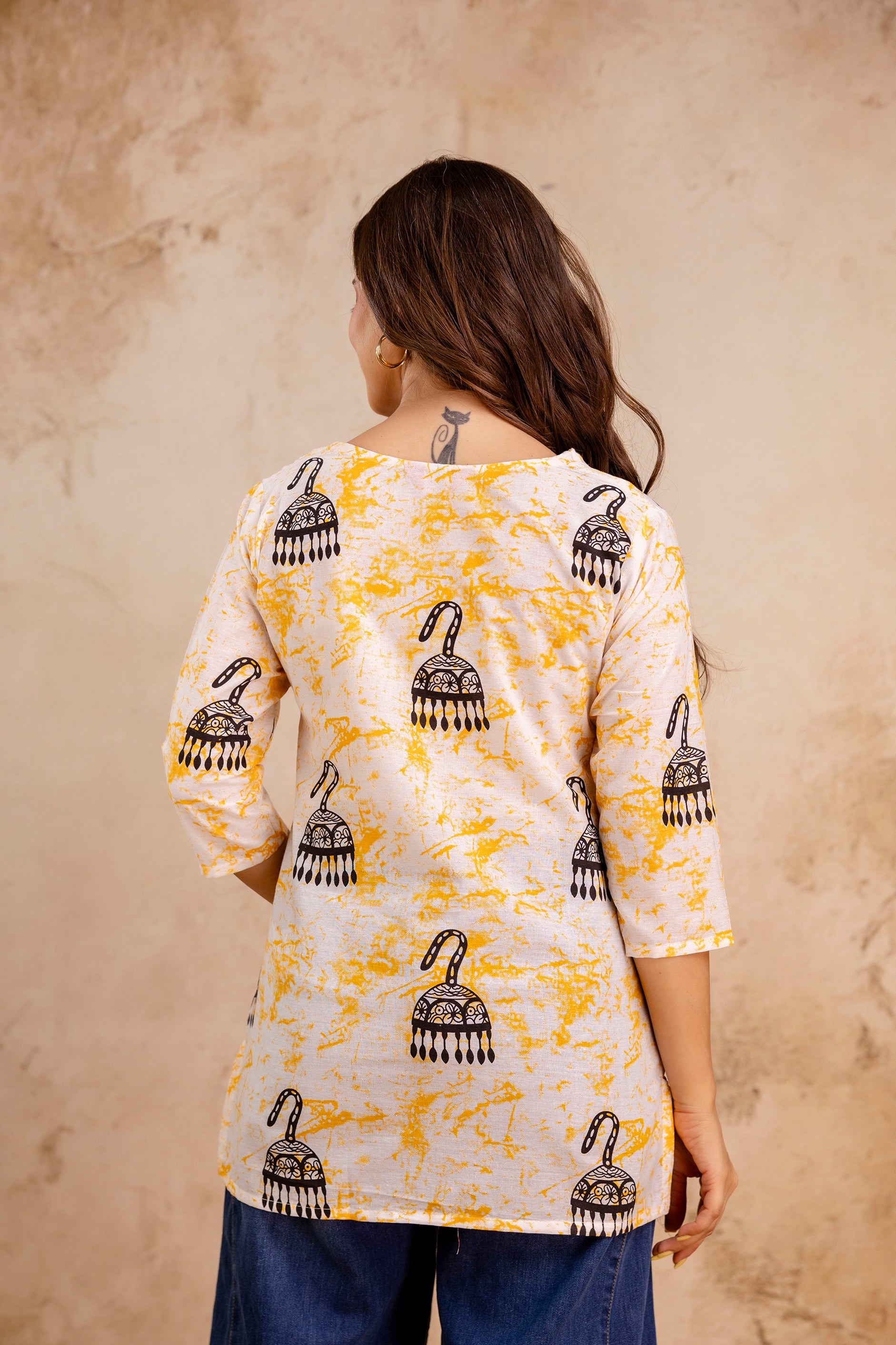 White & Yellow Jhumka Print Pure Cotton Short Kurti