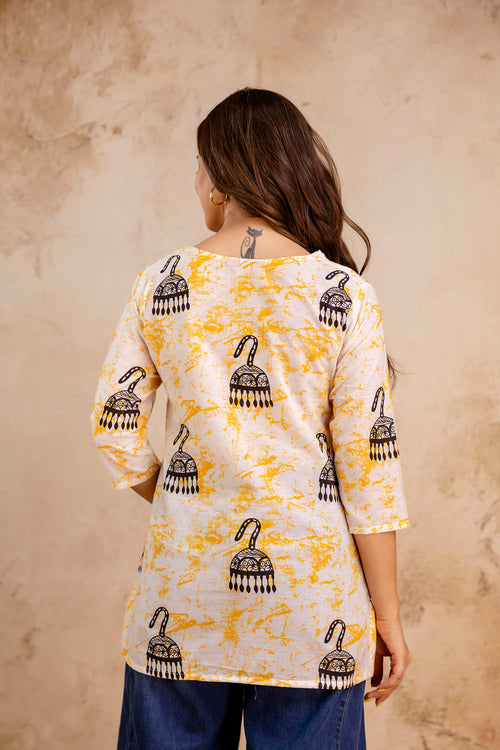 White & Yellow Jhumka Print Pure Cotton Short Kurti