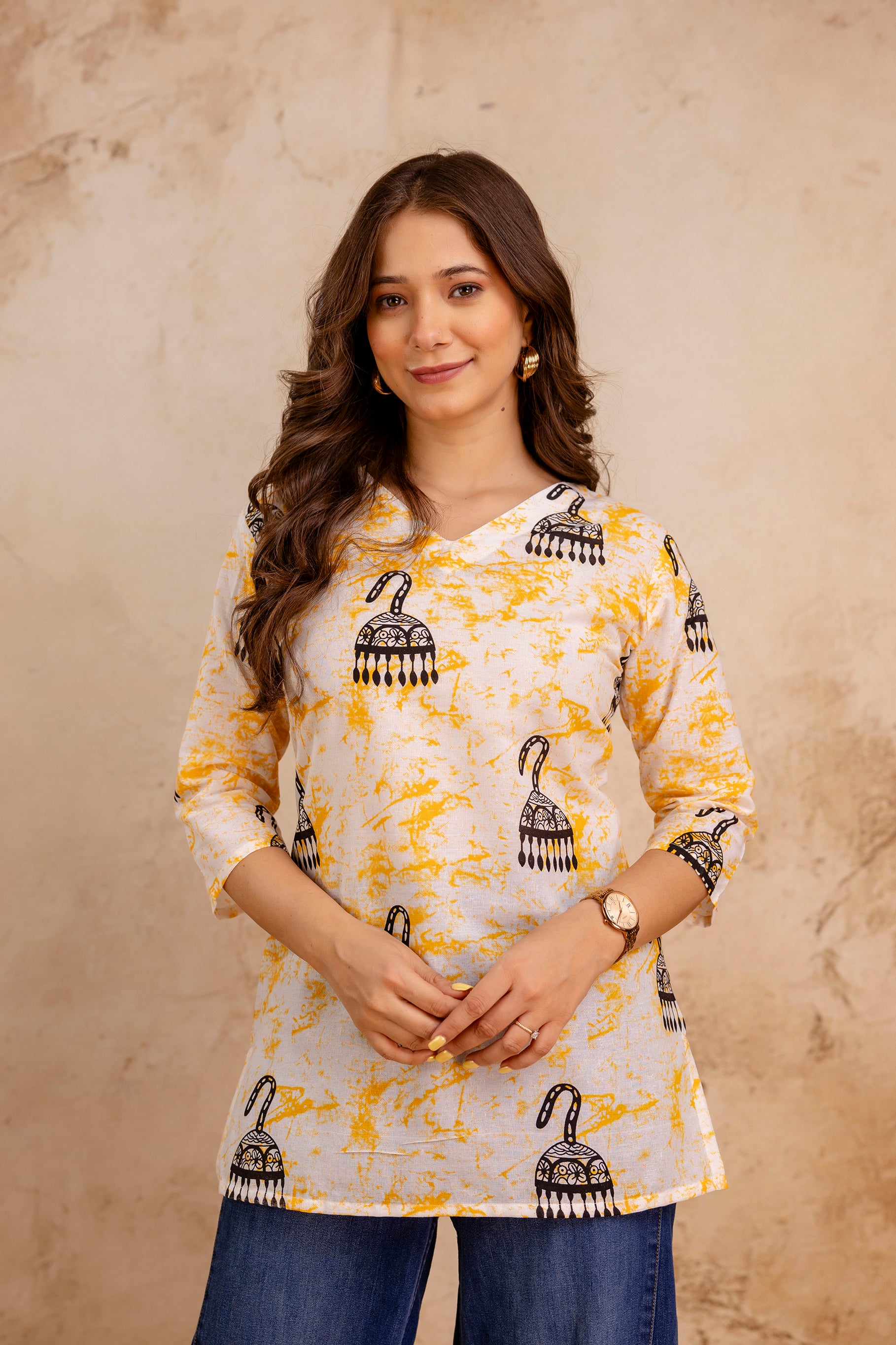 White & Yellow Jhumka Print Pure Cotton Short Kurti