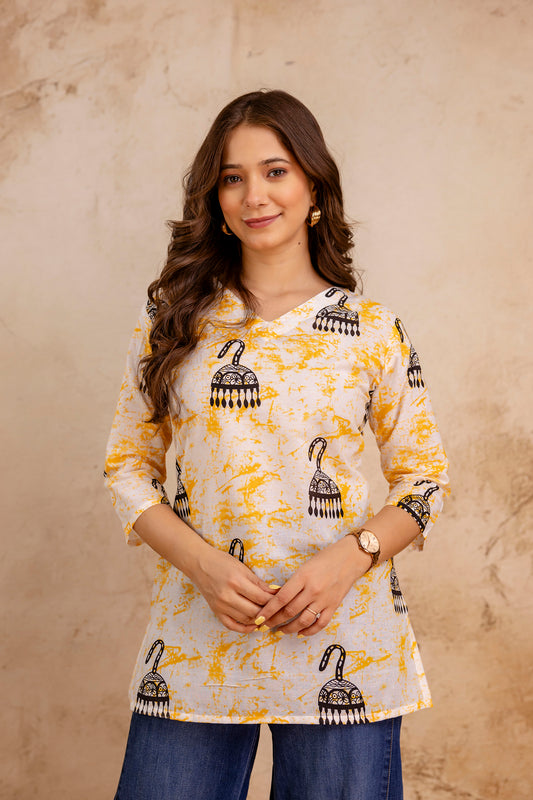White & Yellow Jhumka Print Pure Cotton Short Kurti