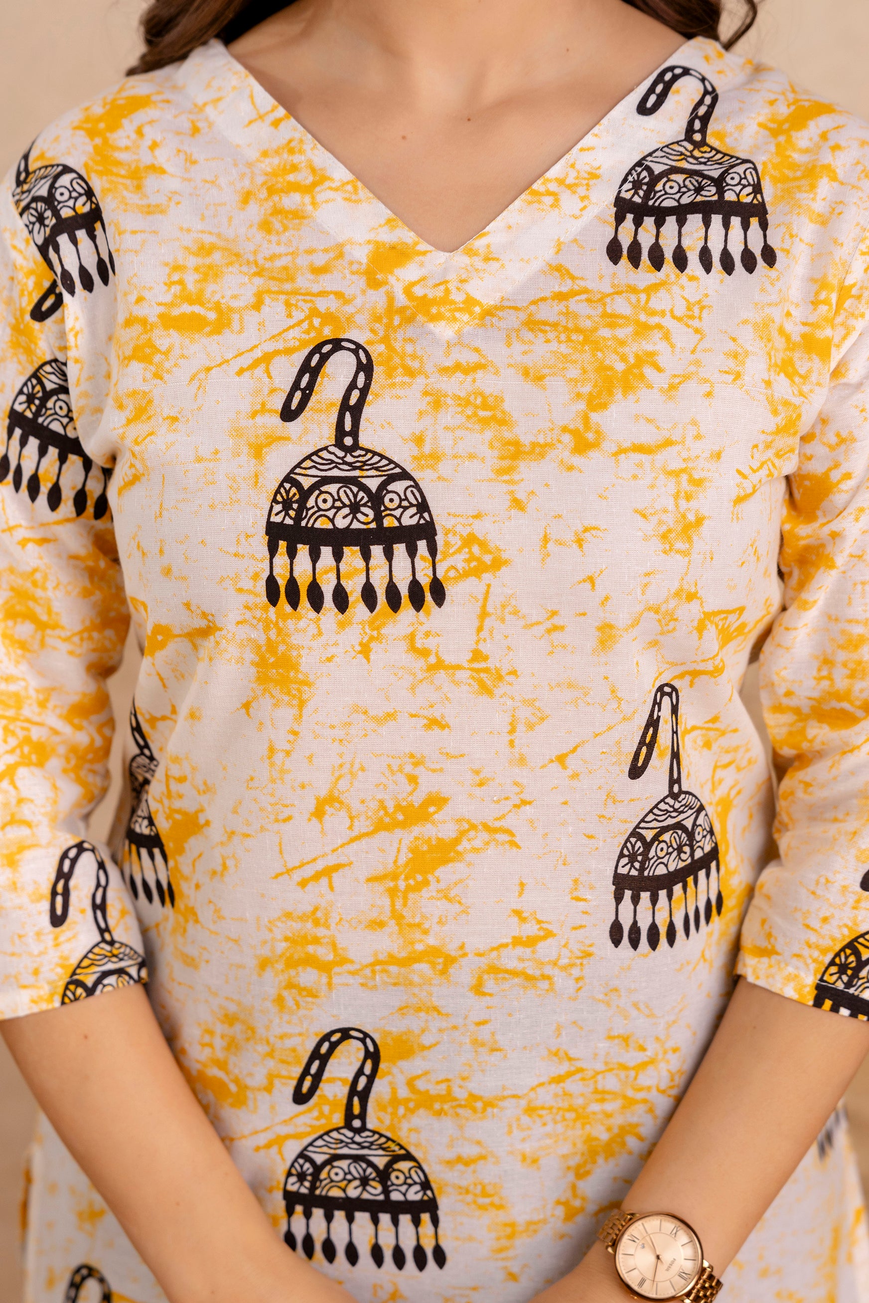 White & Yellow Jhumka Print Pure Cotton Short Kurti