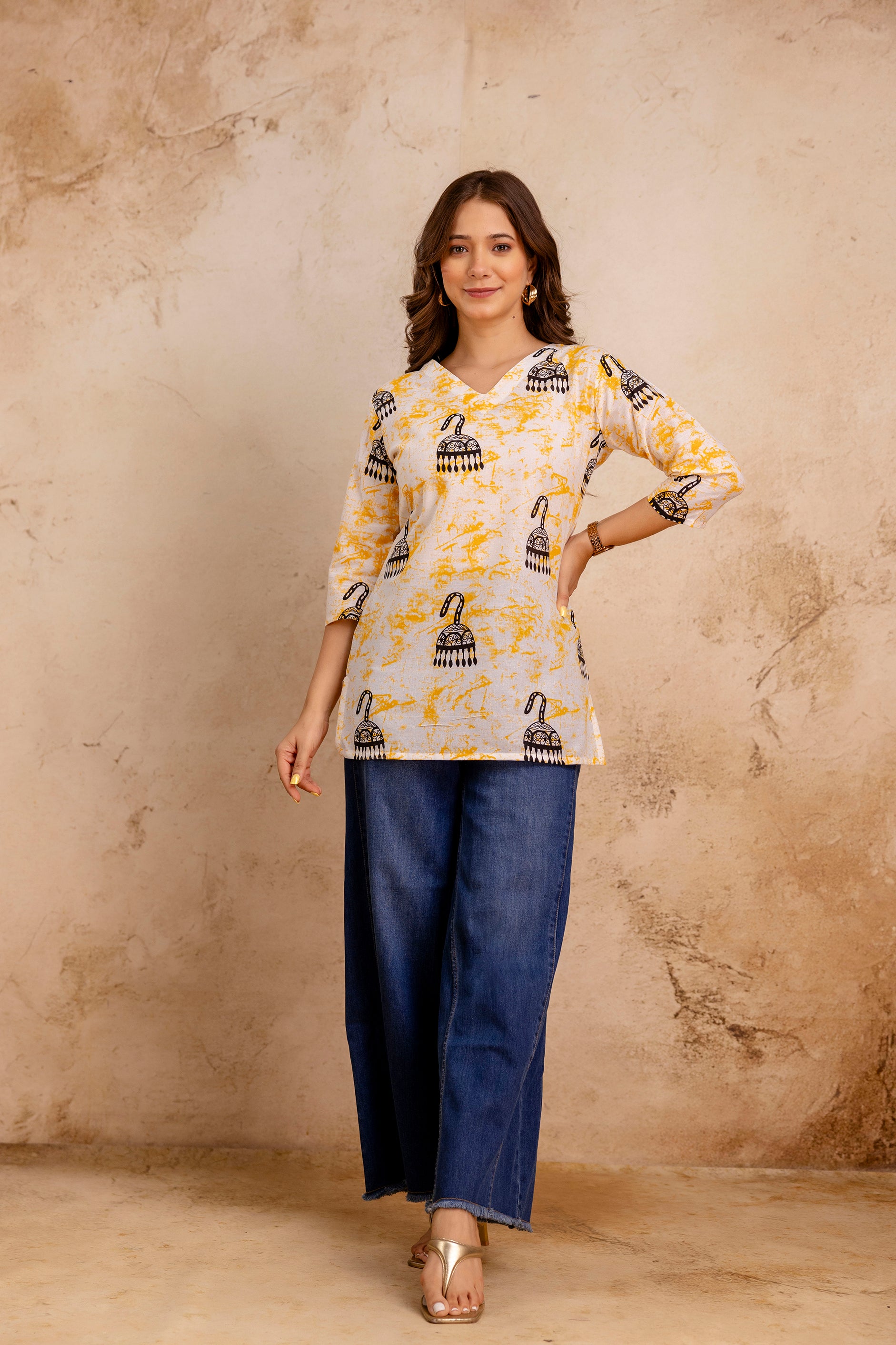White & Yellow Jhumka Print Pure Cotton Short Kurti