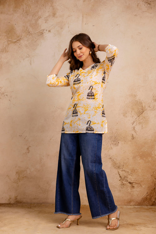 White & Yellow Jhumka Print Pure Cotton Short Kurti