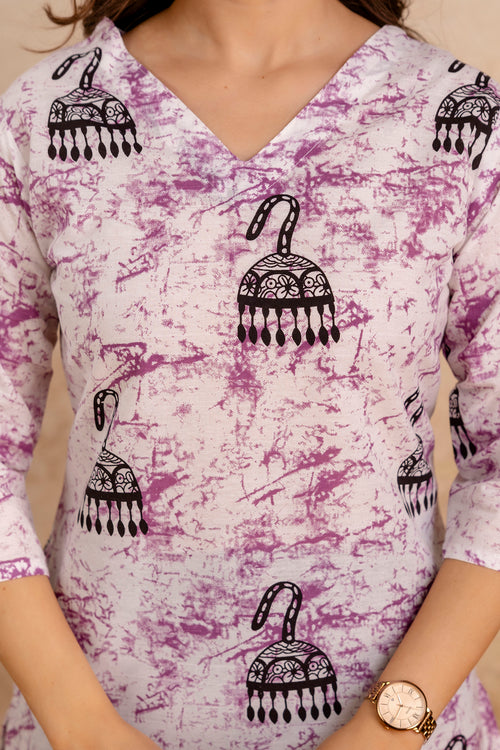 White & Purple Jhumka Print Pure Cotton Short Kurti