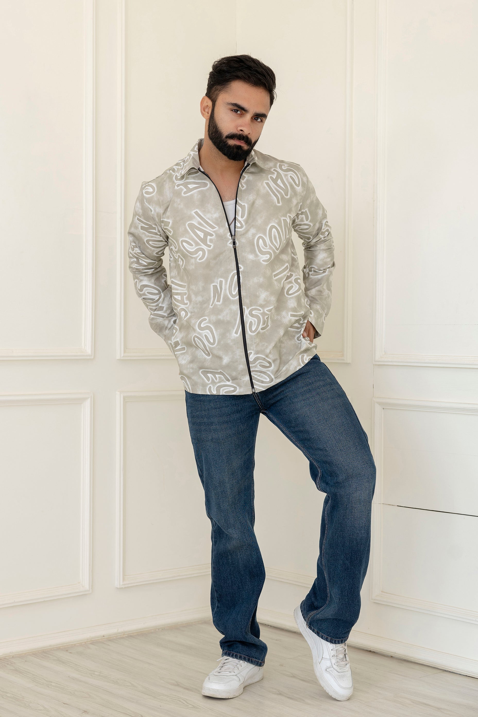Alphabet Print Zip Beige Shirt