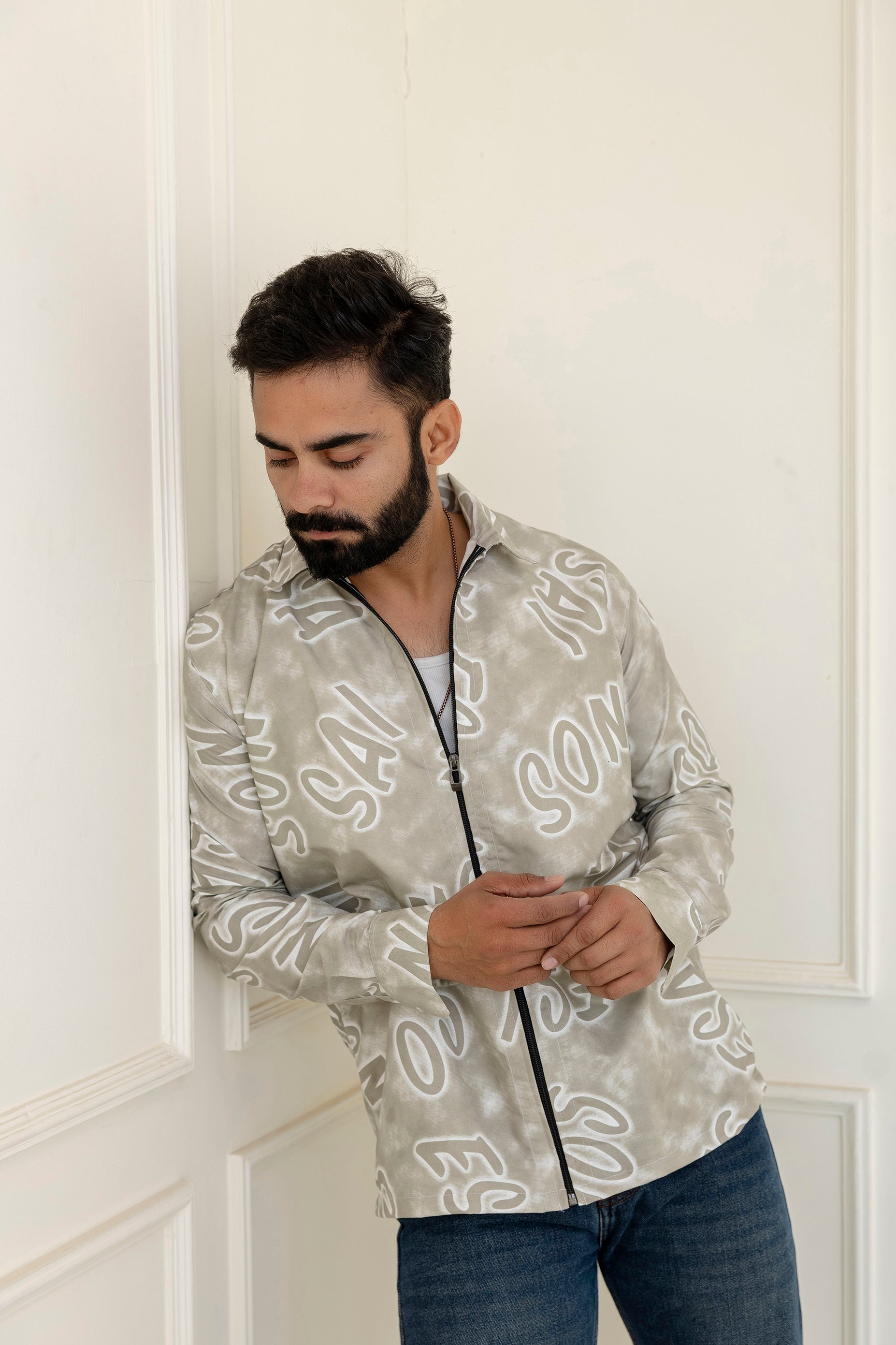 Alphabet Print Zip Beige Shirt