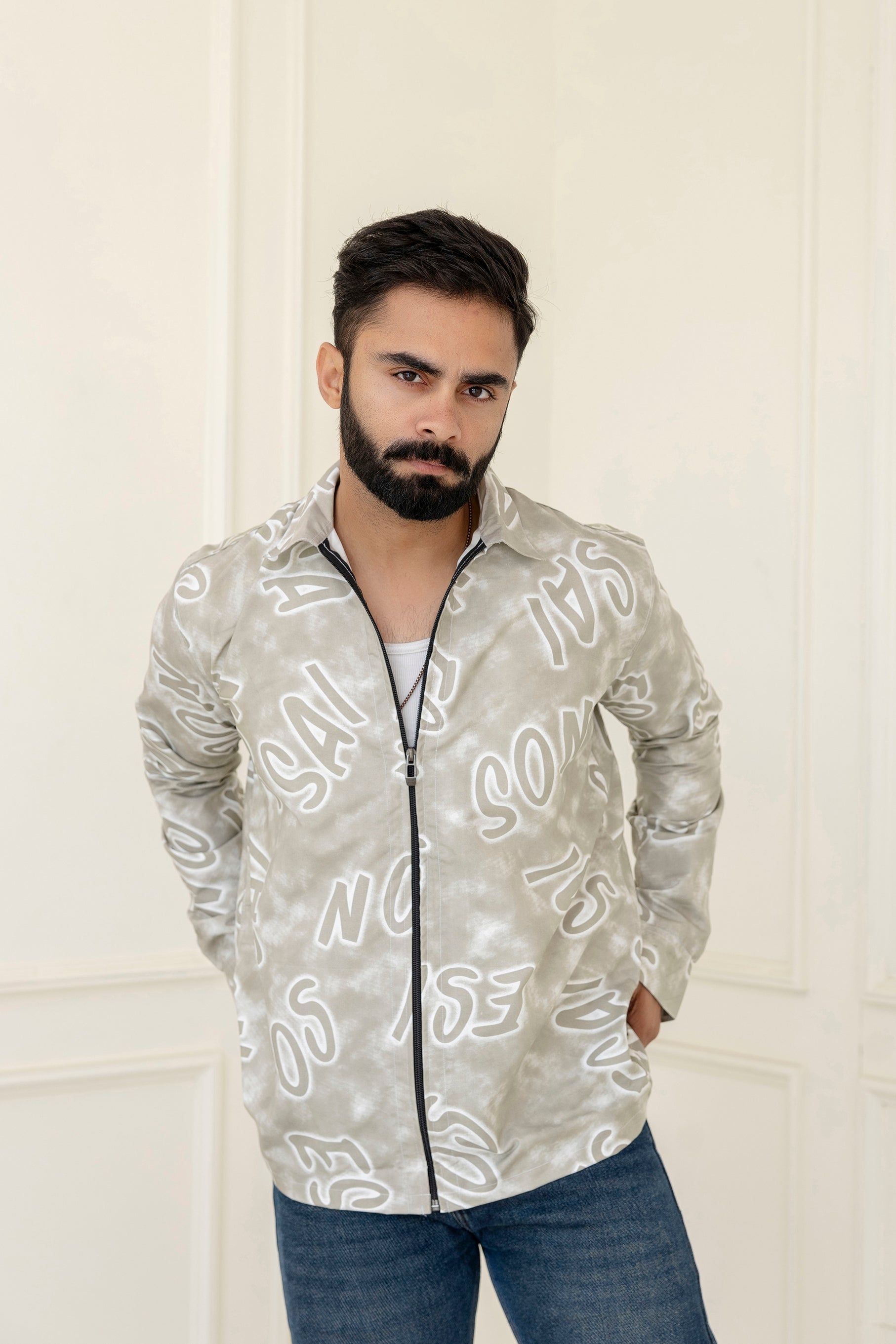 Alphabet Print Zip Beige Shirt
