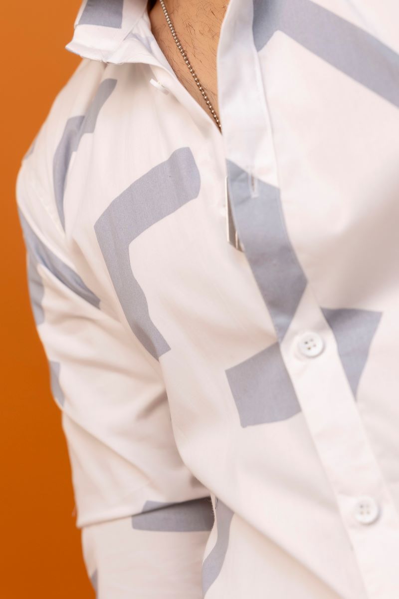 Abstract Full Sleeves White Shirt