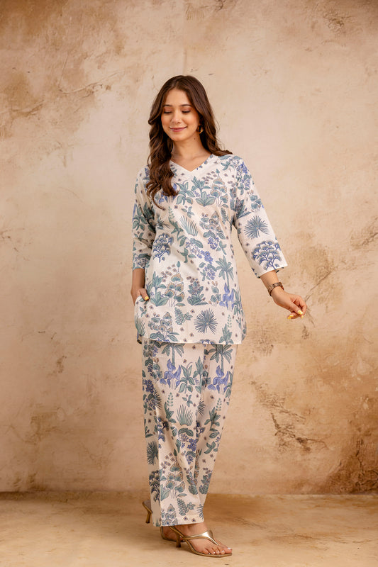 White And Blue Floral Print Cotton Co-ord set.