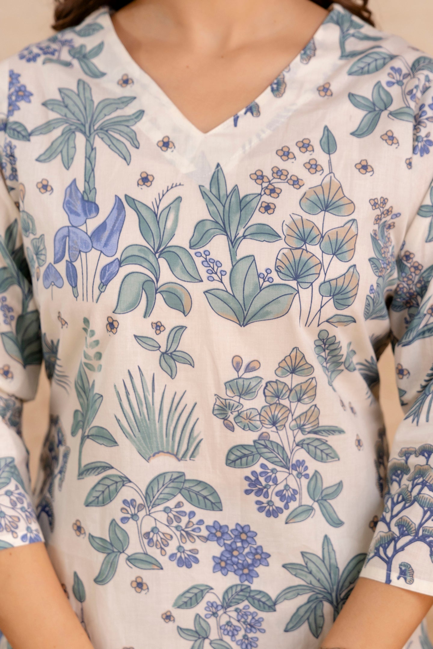 White And Blue Floral Print Cotton Co-ord set.