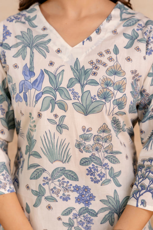 White And Blue Floral Print Cotton Co-ord set.